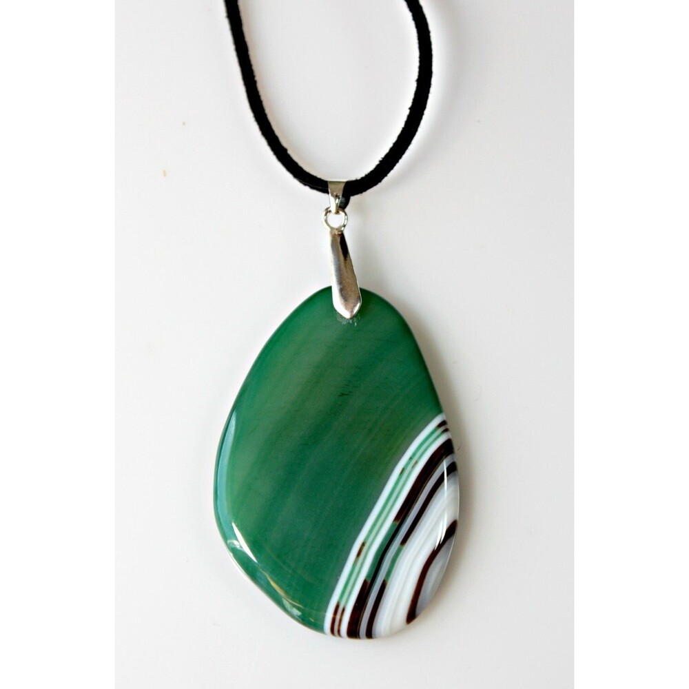 Agate Stone Statement Pendant Necklace Green Semi Sheer White & Brown Waves BOHO